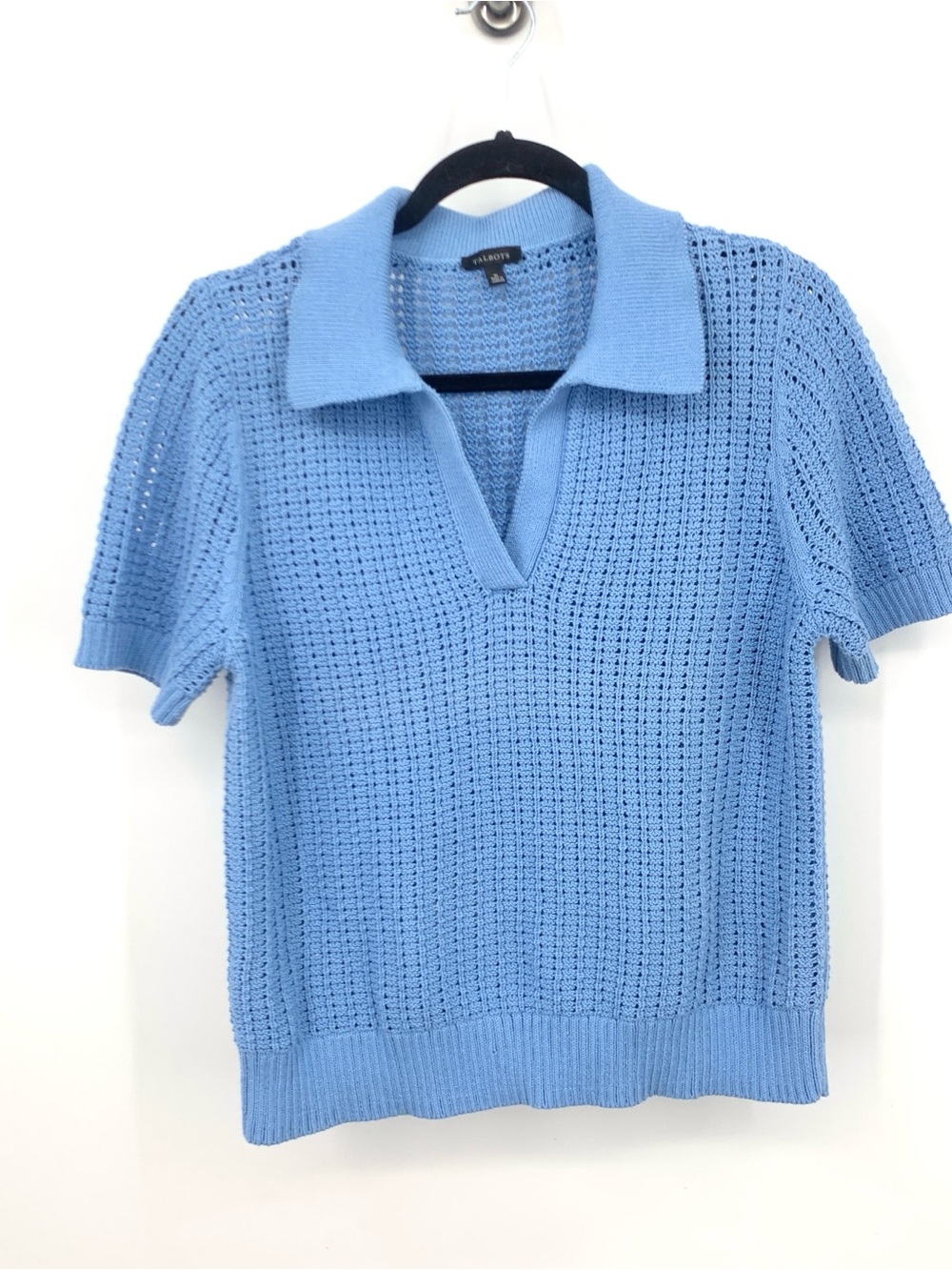 Talbots Women Size Medium Sweater Blue‎ Crochet Open Knit Polo Short Sleeve Top